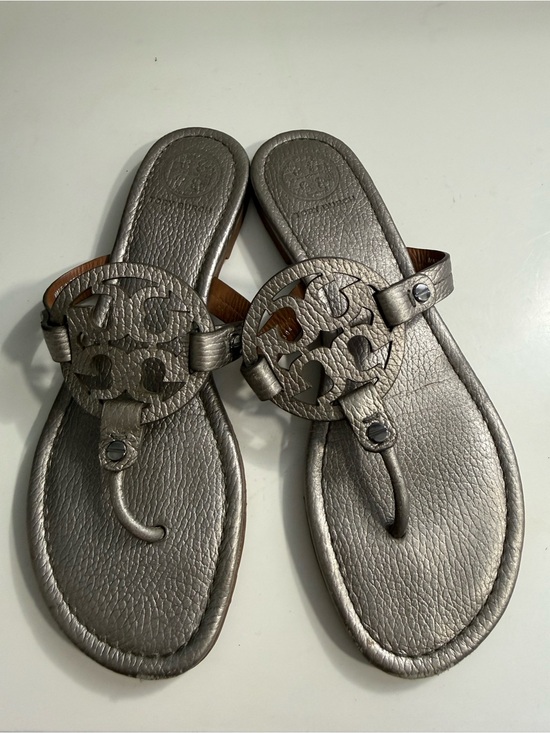 Tory Burch Shoes - Tory Burch miller Metallic size 8 Pewter Logo Thong Sandals
